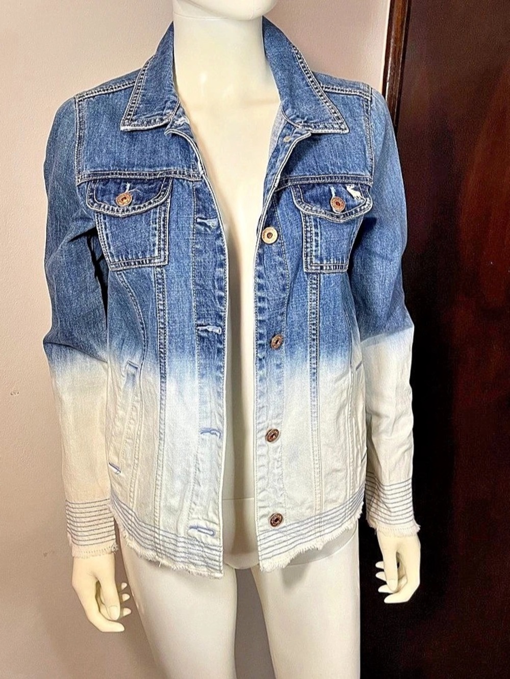 Abercrombie & Fitch Ombre Denim Jean Jacket in Blue & White kids 15/16